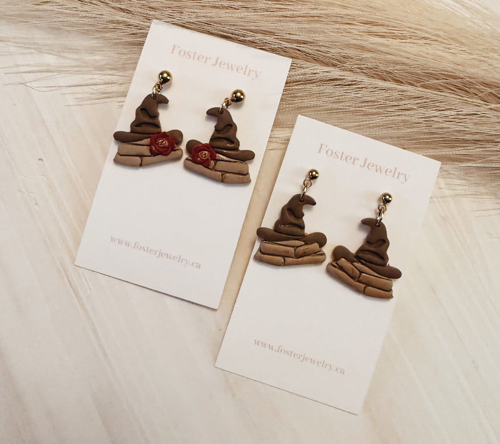 Hat on book earrings