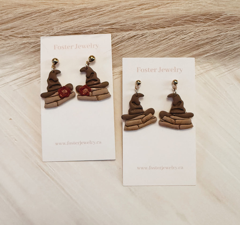 Hat on book earrings
